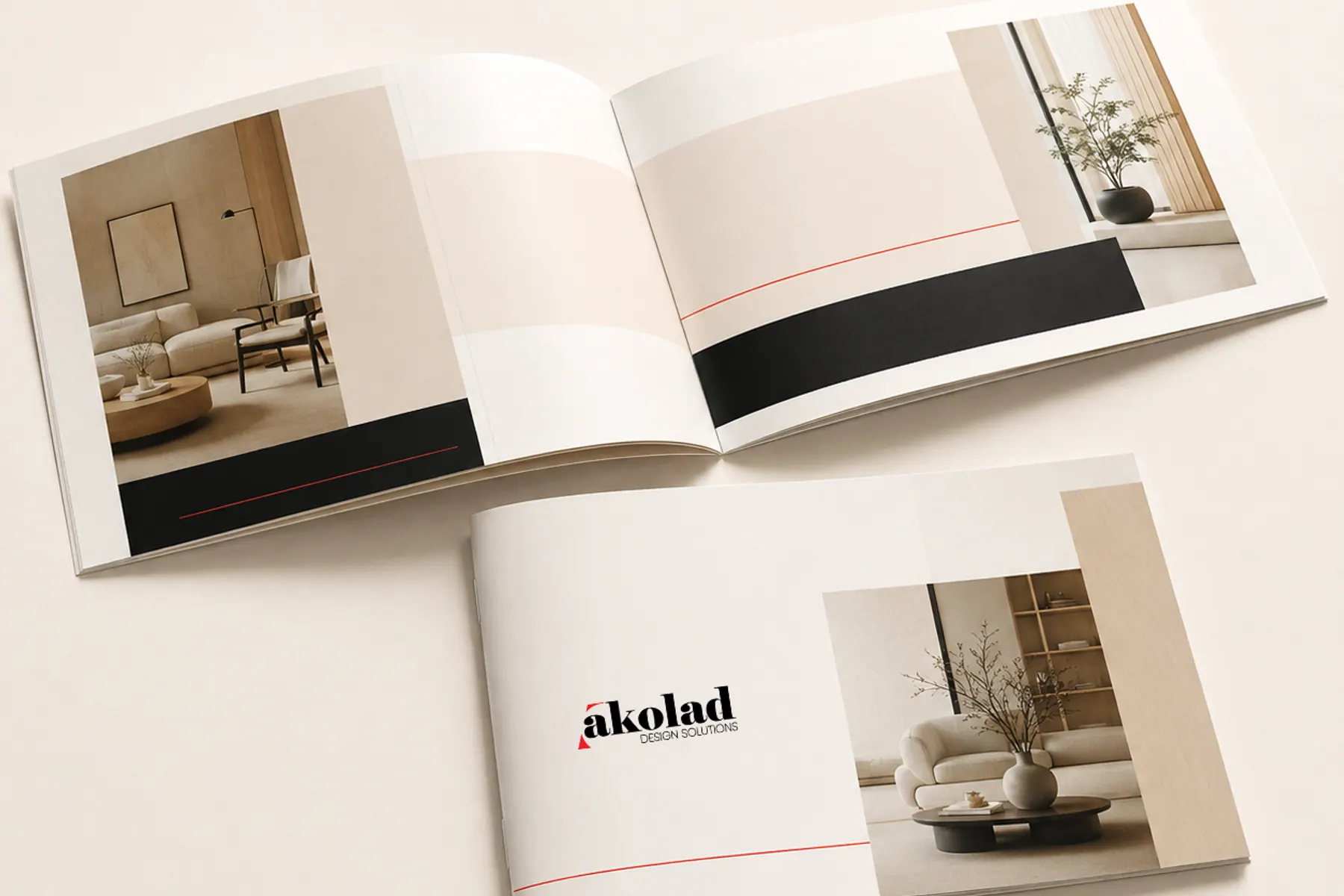 Two brochure spreads showing full-bleed interior photography with a thin red rule and a black band across the foot of the page.