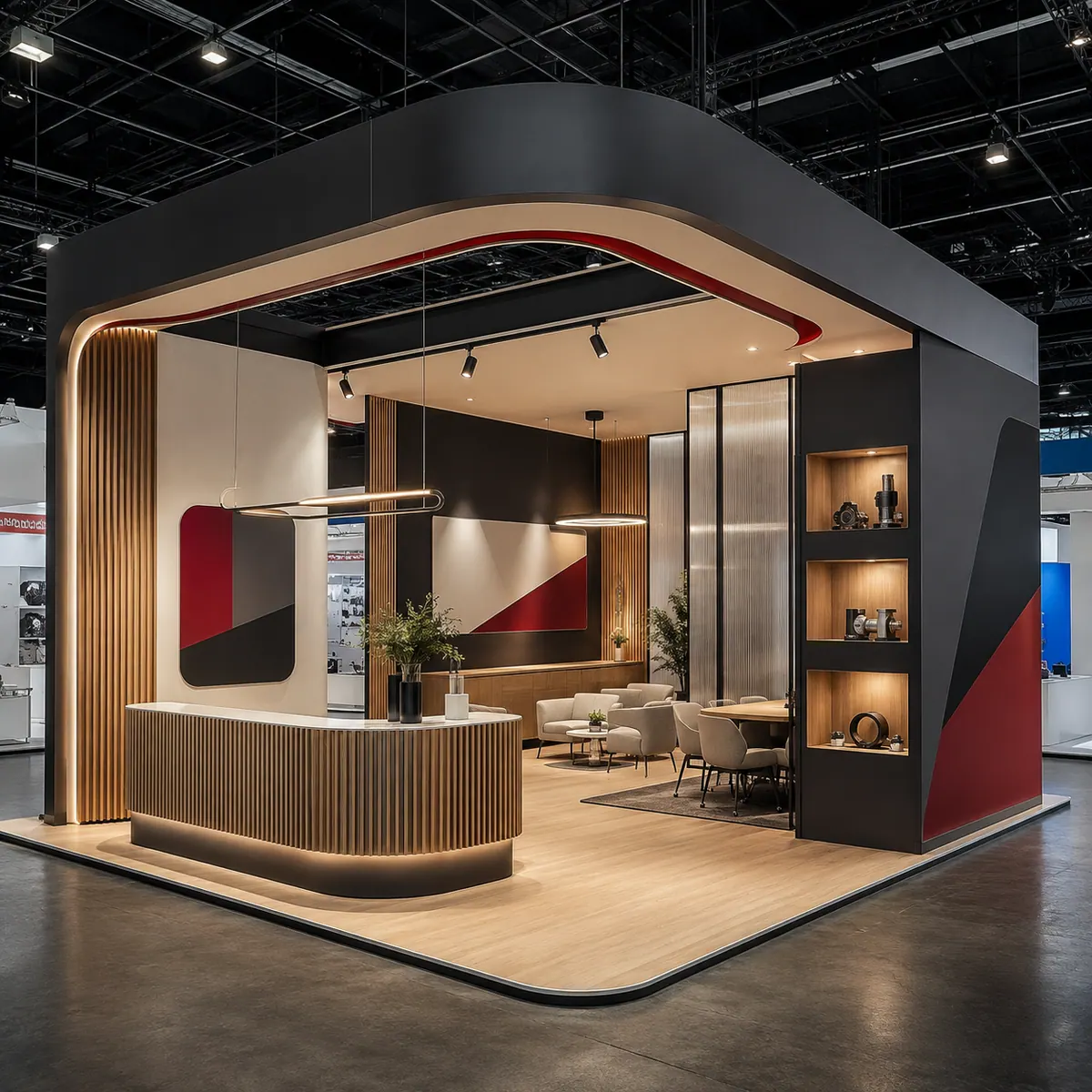 The slatted timber reception counter of the corporate stand, lit from beneath, with the brand graphic on the wall behind it.
