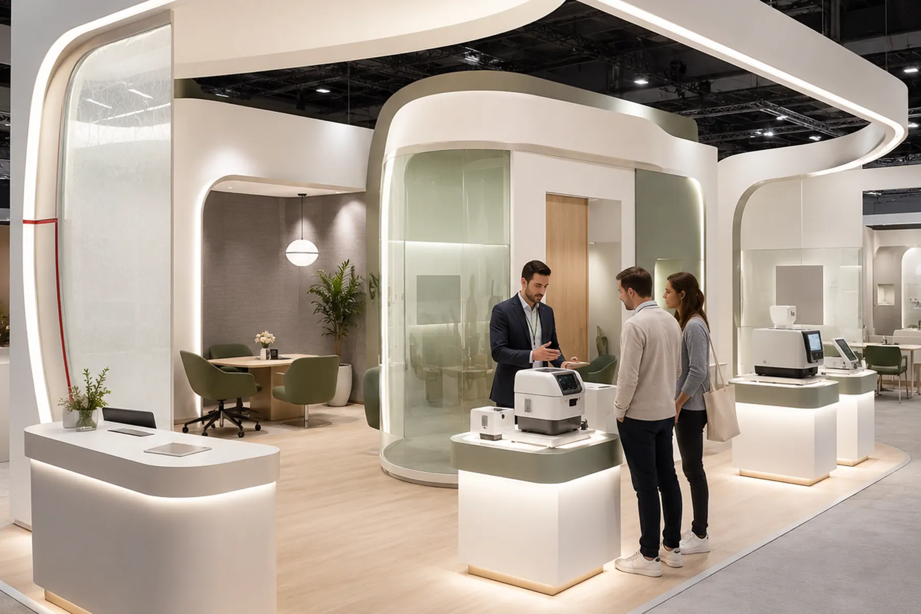 A technology stand with a sweeping lit canopy, a glazed meeting pod and instruments on illuminated plinths, with a member of staff talking two visitors through a device.