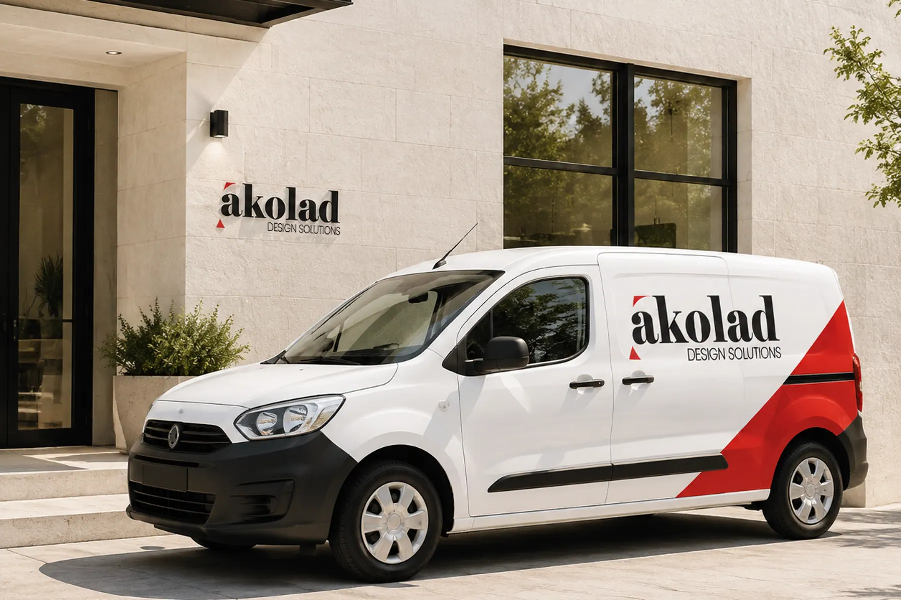 A white van with red and black livery parked in front of a stone building.