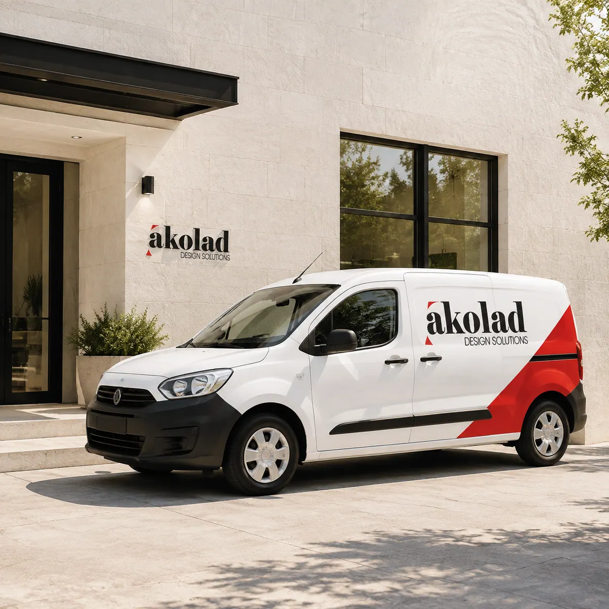 A branded van parked outside the building entrance.