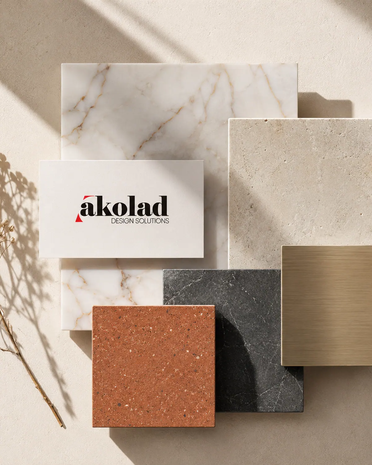 Material and finish samples arranged with a printed card.