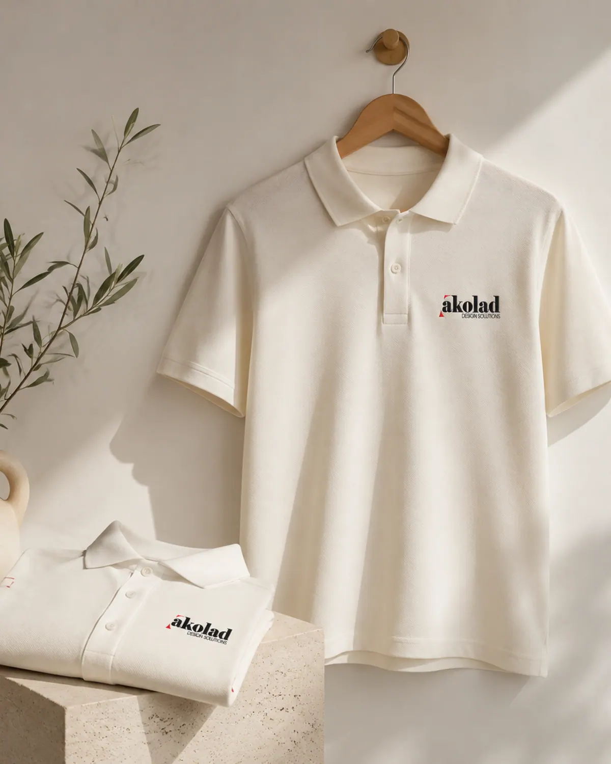 Two staff polo shirts in undyed cotton, one hanging and one folded.