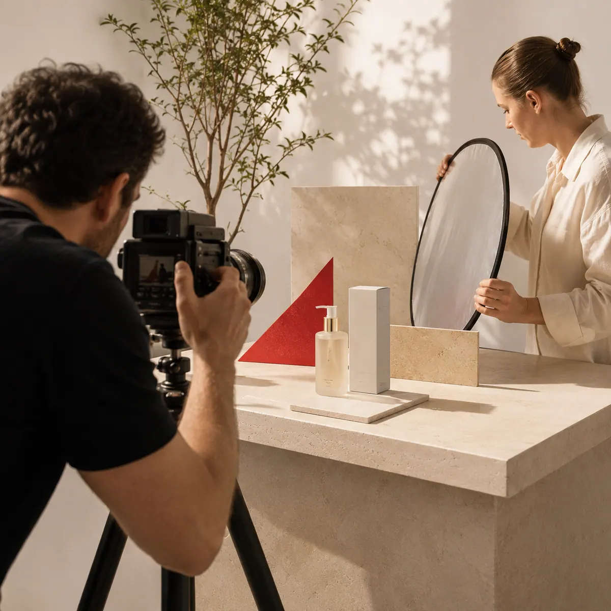 Bottles arranged on a stone plinth under a reflector, lit for a product shot.