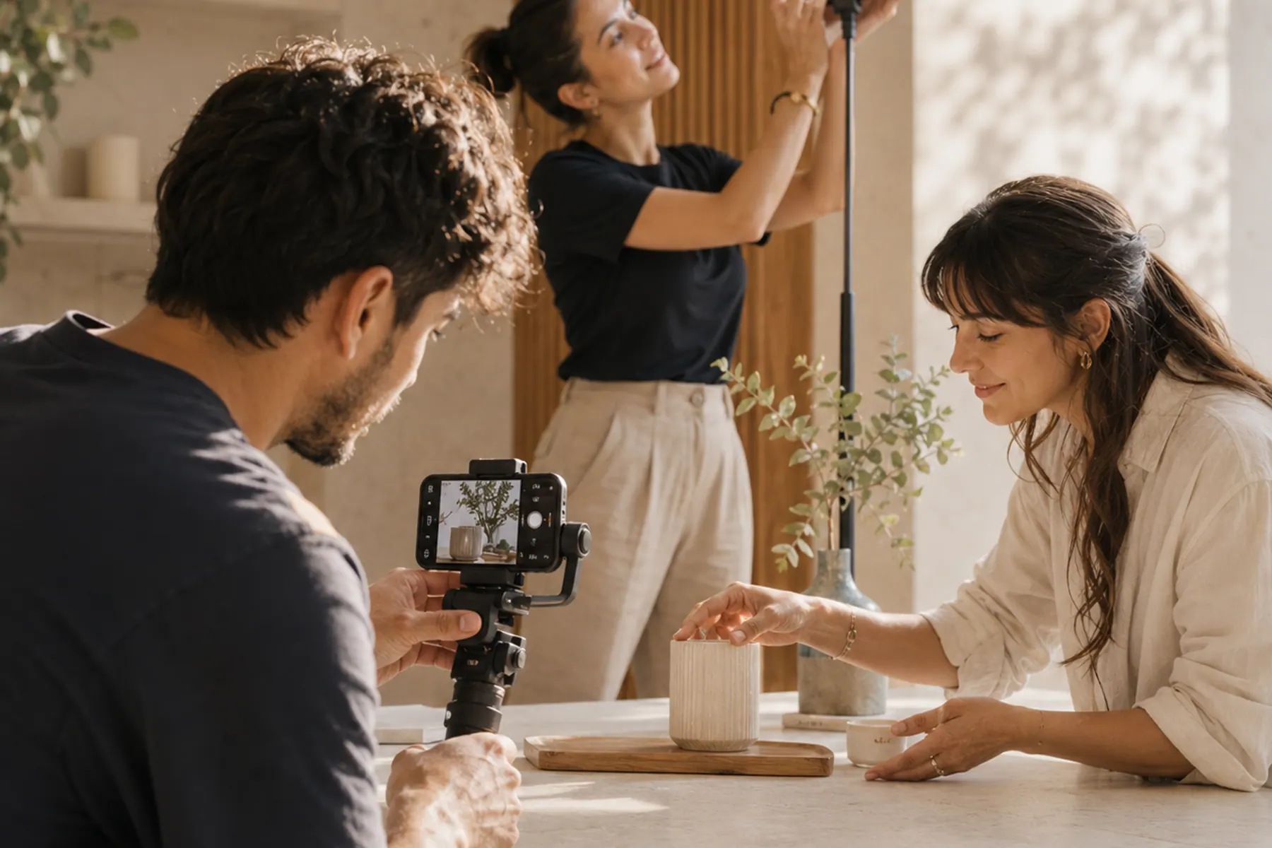 A small crew filming a product on a kitchen counter with a phone on a gimbal and a hand-held LED panel.