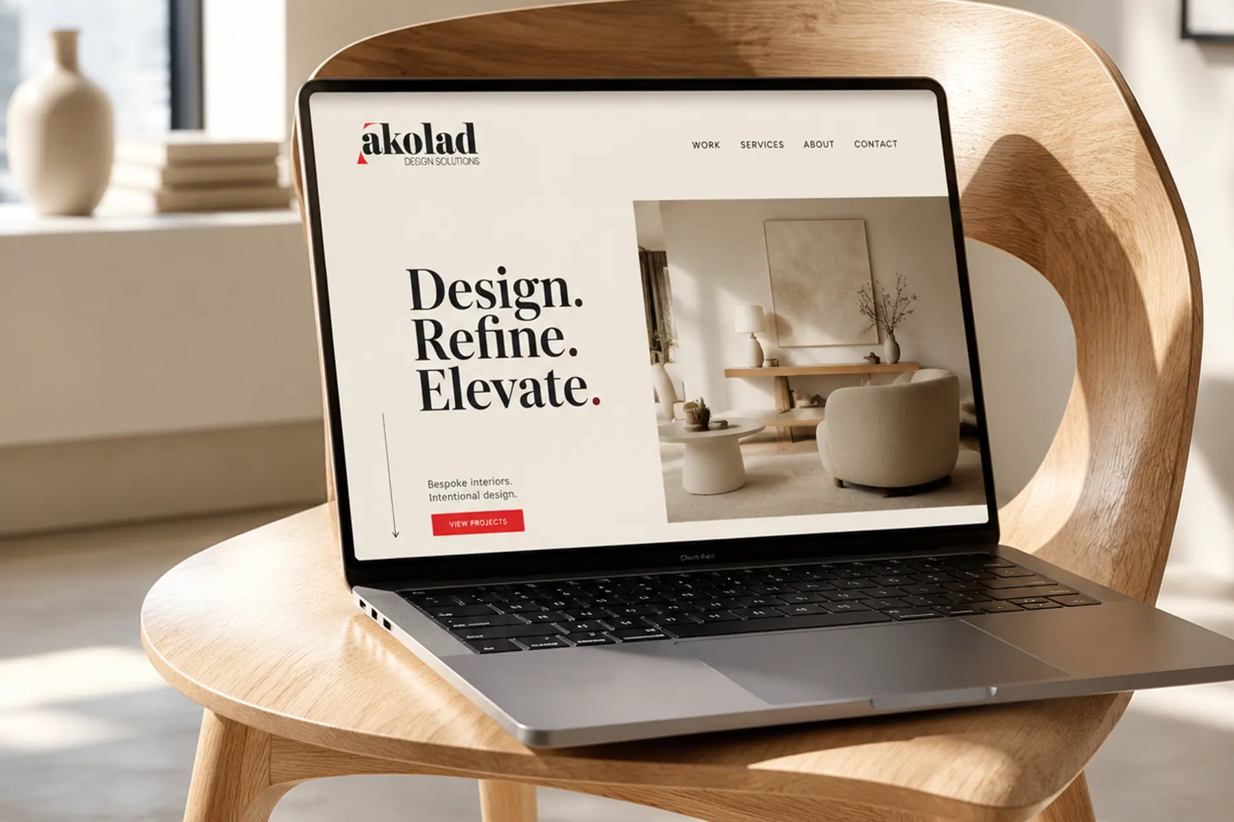 A laptop on a wooden chair showing a website homepage with a large serif headline and an interior photograph.
